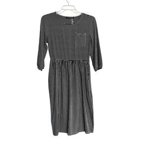 MEROKEETY 3/4 Sleeve Striped TShirt  Dress With Pockets Large Black White NEW
